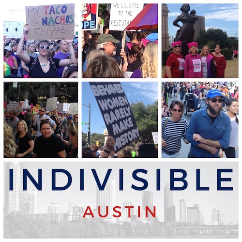 collage image of Indivisible Austin at the women's march